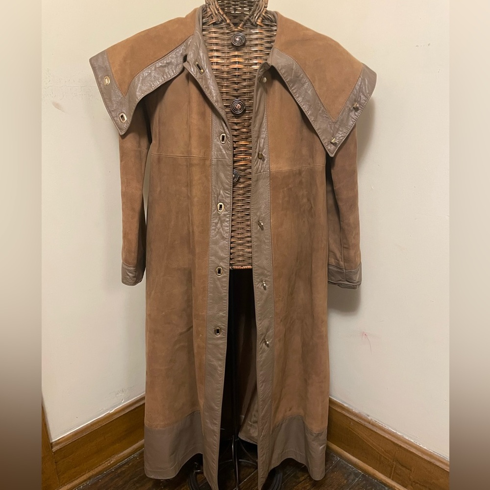 Women's Tan Suede Long Trench Coat with Shoulder Cape